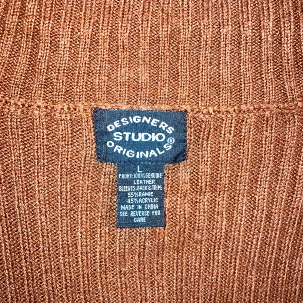 Vtg Leather Patchwork Sweater Mens L Rust Orange Knit‎ Two Way Zip Mock Neck y2k